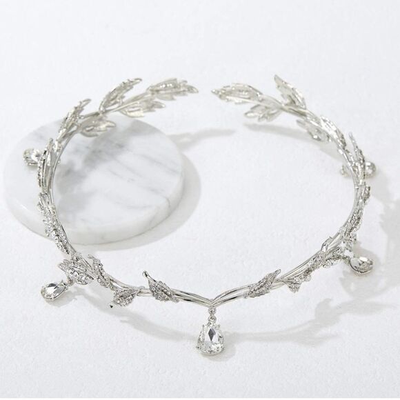 Rhinestone Leaf Wedding Crown Headband for Brides Crystal Pendent Tiara Headband - Picture 4 of 8